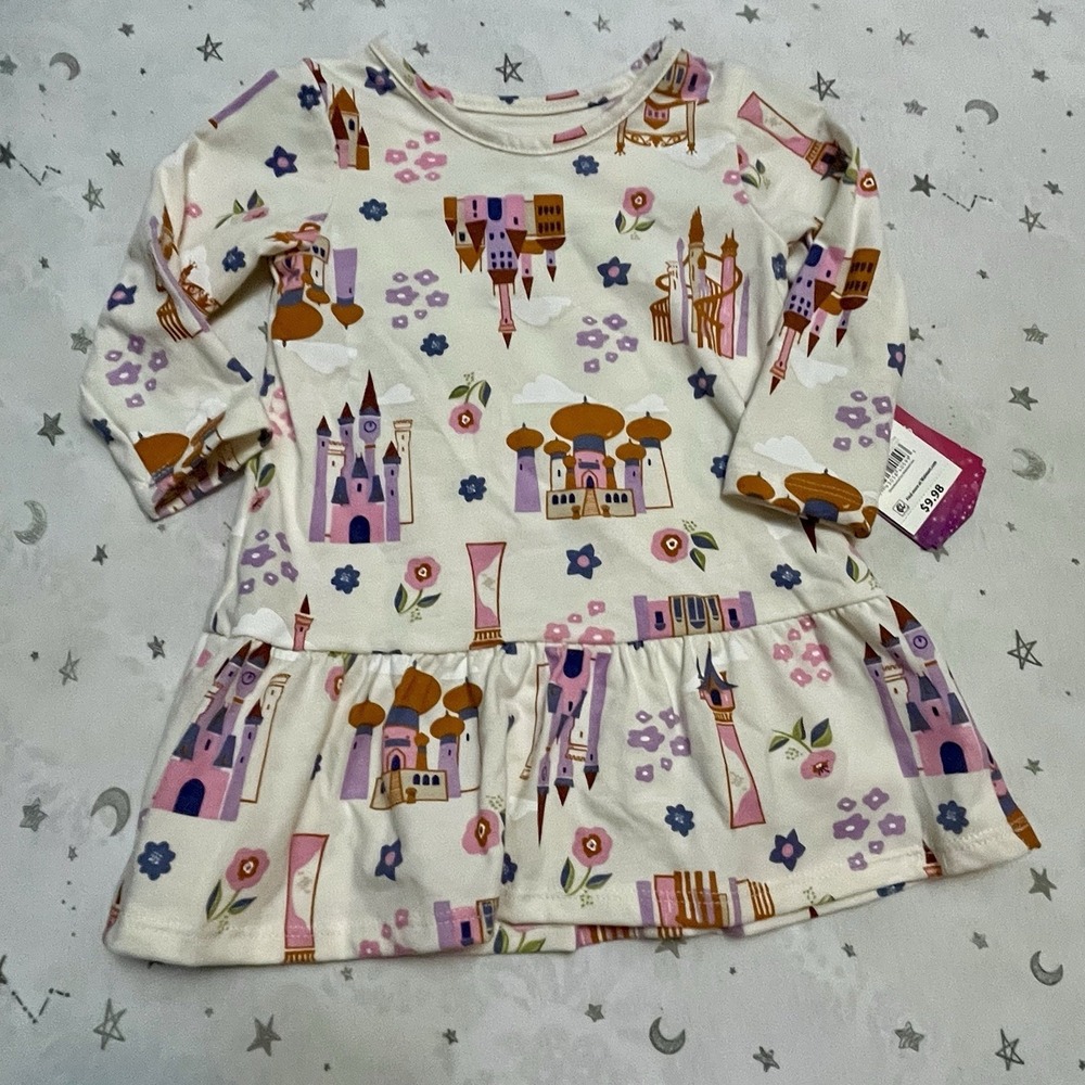 12 month Girls Disney Princess‎ Castle  Dress Drop Waist Cream w/pink/purple